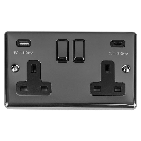 Eurolite Enhance Decorative 2 Gang 13Amp Switched Socket With Usb C Black Nickel - Black Nickel - EN2USBCBNB - Choice Handles