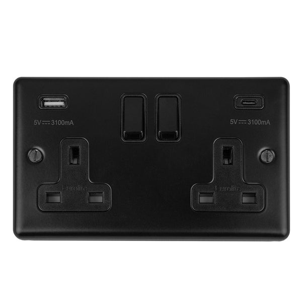 Eurolite Enhance Decorative 2 Gang 13Amp Switched Socket With Usb C Matt Black - Matt Black - EN2USBCMBB - Choice Handles