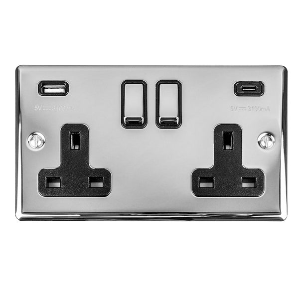 Eurolite Enhance Decorative 2 Gang 13Amp Switched Socket With Usb C Polished Chrome - Polished Chrome - EN2USBCPCB - Choice Handles