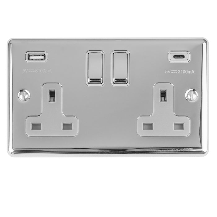 Eurolite Enhance Decorative 2 Gang 13Amp Switched Socket With Usb C Polished Chrome - Polished Chrome - EN2USBCPCG - Choice Handles