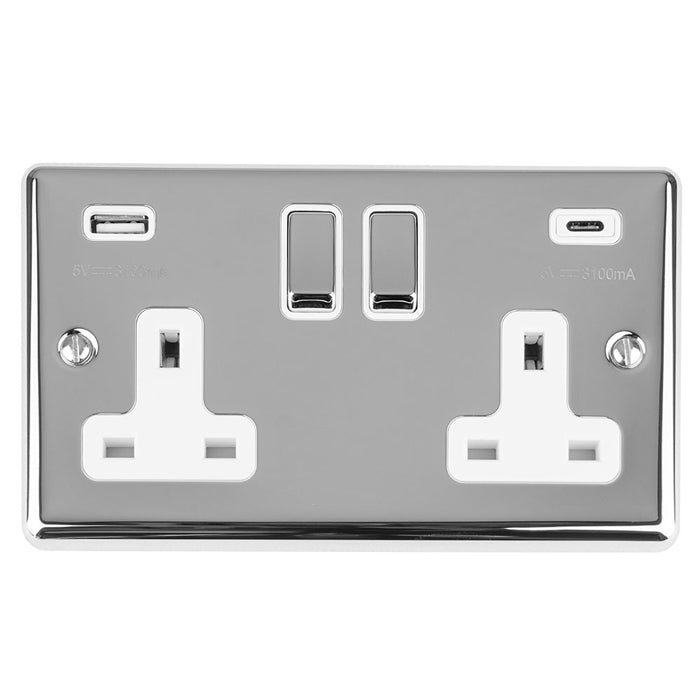 Eurolite Enhance Decorative 2 Gang 13Amp Switched Socket With Usb C Polished Chrome - Polished Chrome - EN2USBCPCW - Choice Handles