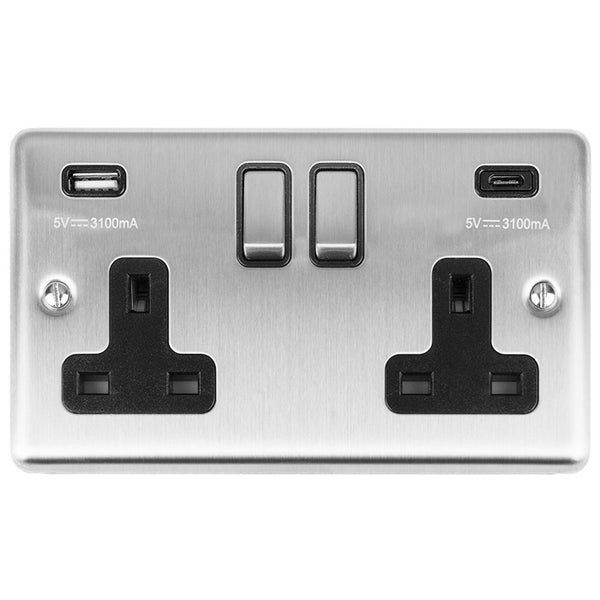 Eurolite Enhance Decorative 2 Gang 13Amp Switched Socket With Usb C Stainless Steel - Satin Stainless - EN2USBCSSB - Choice Handles