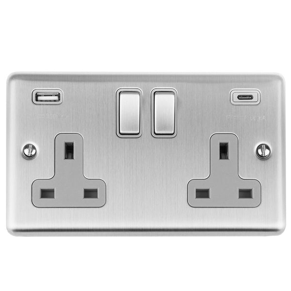 Eurolite Enhance Decorative 2 Gang 13Amp Switched Socket With Usb C Stainless Steel - Satin Stainless - EN2USBCSSG - Choice Handles