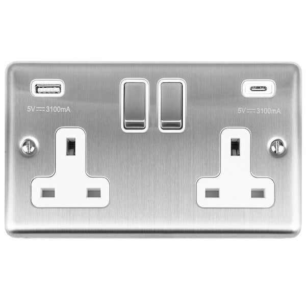 Eurolite Enhance Decorative 2 Gang 13Amp Switched Socket With Usb C Stainless Steel - Satin Stainless - EN2USBCSSW - Choice Handles