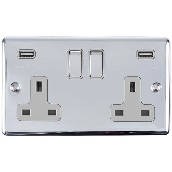 Eurolite Enhance Decorative 2 Gang Usb Socket - Polished Chrome - EN2USBPCG - Choice Handles