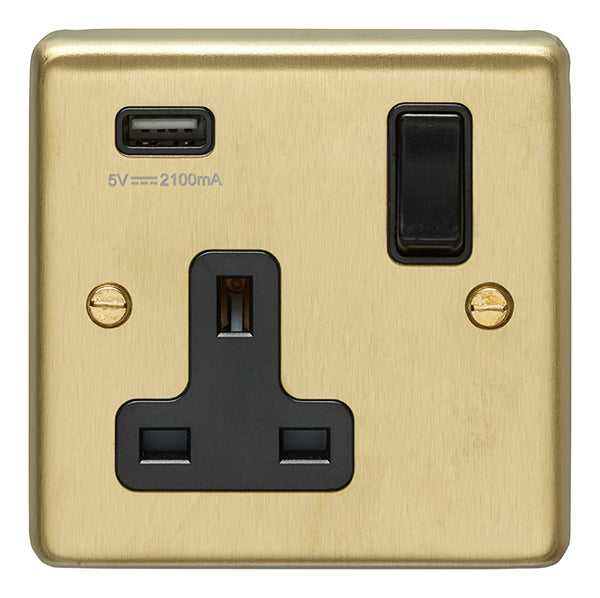 Eurolite Stainless steel 1 Gang Usb Socket - Satin Brass - SB1USBB - Choice Handles