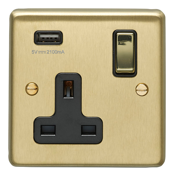 Eurolite Stainless steel 1 Gang Usb Socket - Satin Brass - SB1USBPBB - Choice Handles