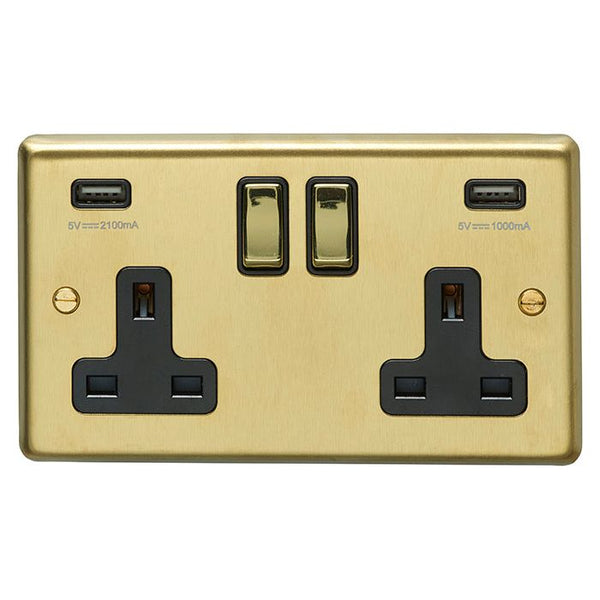 Eurolite Stainless steel 2 Gang Usb Socket - Satin Brass - SB2USBPBB - Choice Handles