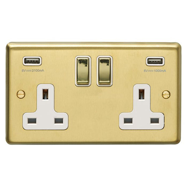 Eurolite Stainless steel 2 Gang Usb Socket - Satin Brass - SB2USBPBW - Choice Handles