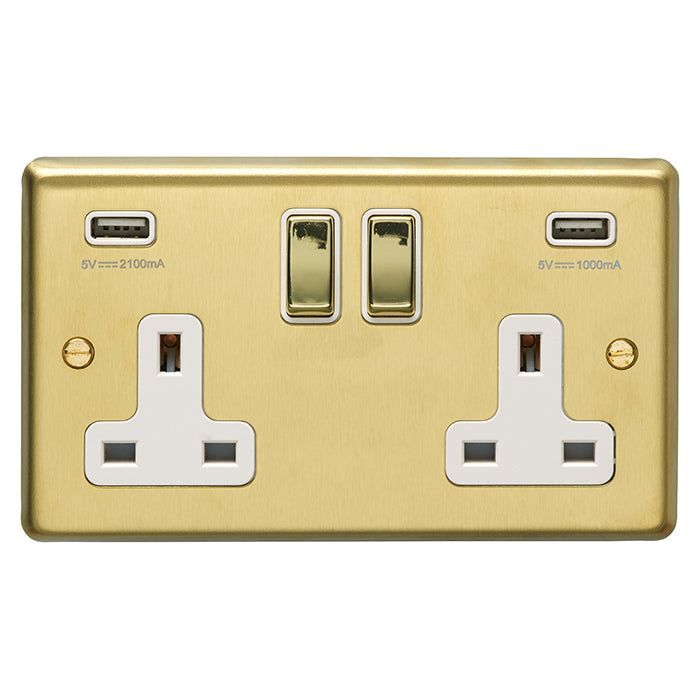 Eurolite Stainless steel 2 Gang Usb Socket - Satin Brass - SB2USBPBW - Choice Handles