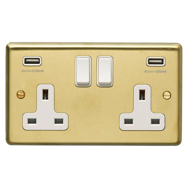 Eurolite Stainless steel 2 Gang Usb Socket - Satin Brass - SB2USBW - Choice Handles