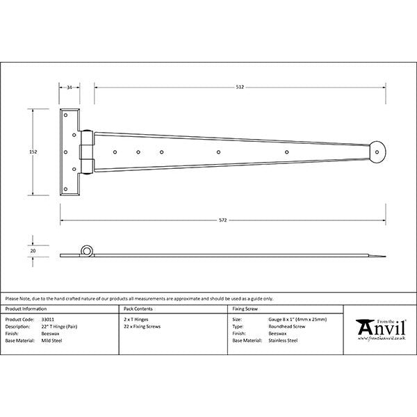 From The Anvil - 22" Penny End T Hinge (pair) - Beeswax - 33011 - Choice Handles