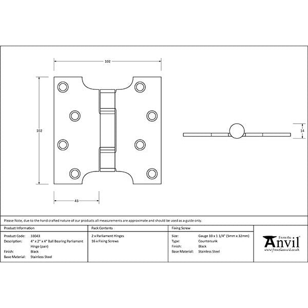 From The Anvil - 4" x 2" x 4"  Parliament Hinge (pair) ss - Black - 33043 - Choice Handles