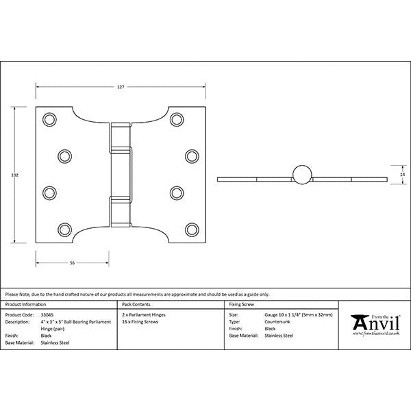 From The Anvil - 4" x 3" x 5" Parliament Hinge (pair) ss - Black - 33045 - Choice Handles