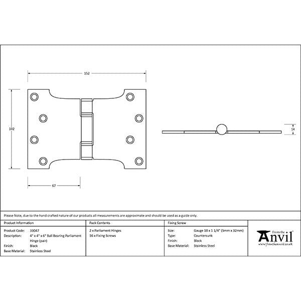 From The Anvil - 4" x 4" x 6" Parliament Hinge (pair) ss - Black - 33047 - Choice Handles