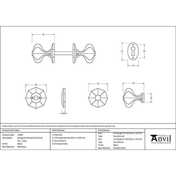 From The Anvil - Black Large Octagonal Mortice/Rim Knob Set - Black - 33065 - Choice Handles