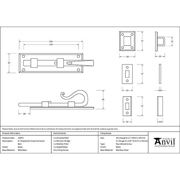 From The Anvil - 6" Shepherd's Crook Universal Bolt - Black - 33073 - Choice Handles