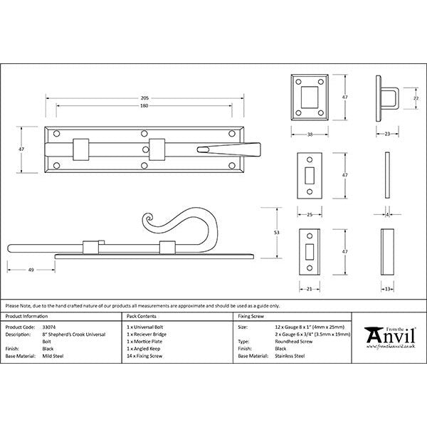 From The Anvil - 8" Shepherd's Crook Universal Bolt - Black - 33074 - Choice Handles