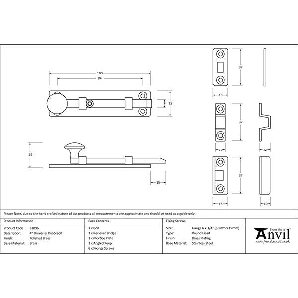 From The Anvil - 4" Universal Bolt - Polished Brass - 33096 - Choice Handles