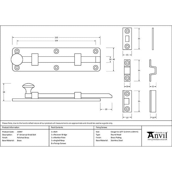 From The Anvil - 6" Universal Bolt - Polished Brass - 33097 - Choice Handles