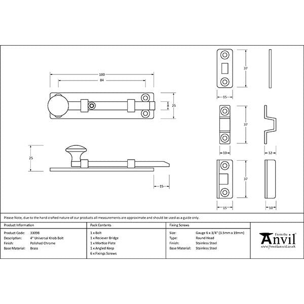 From The Anvil - 4" Universal Bolt - Polished Chrome - 33098 - Choice Handles