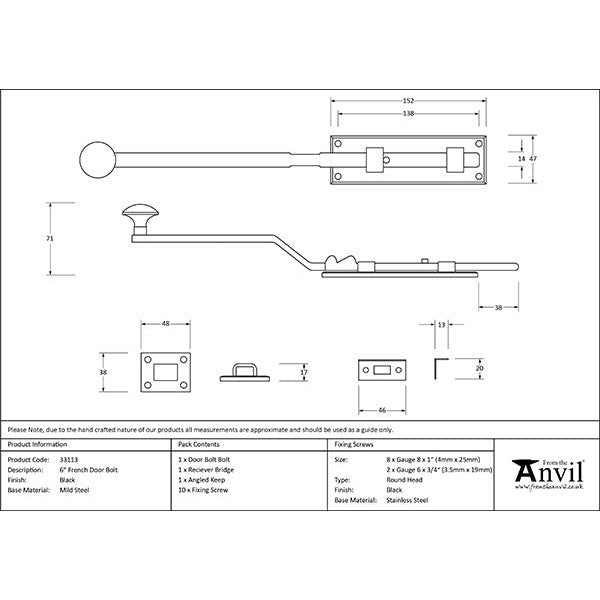 From The Anvil - 6" French Door Bolt - Black - 33113 - Choice Handles