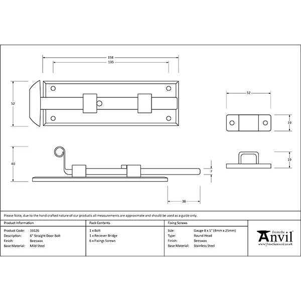 From The Anvil - 6" Straight Door Bolt - Beeswax - 33126 - Choice Handles