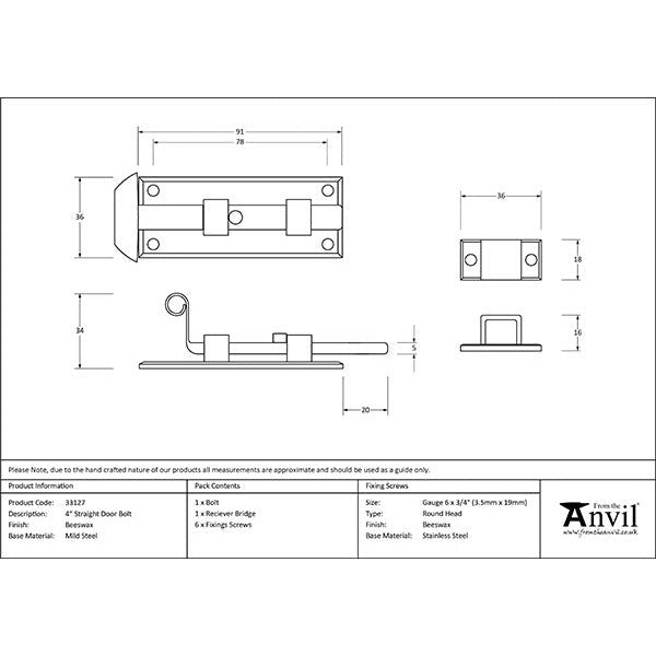 From The Anvil - 4" Straight Door Bolt - Beeswax - 33127 - Choice Handles