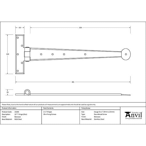 From The Anvil - 15" Penny End T Hinge (pair) - Beeswax - 33184 - Choice Handles