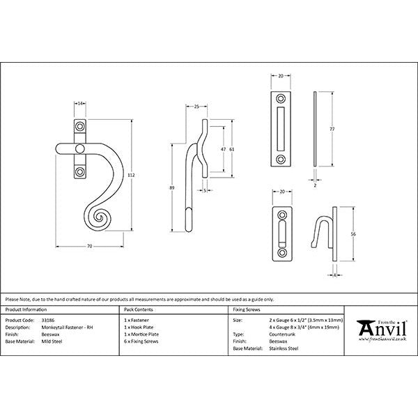 From The Anvil - Monkeytail Fastener - RH - Beeswax - 33186 - Choice Handles