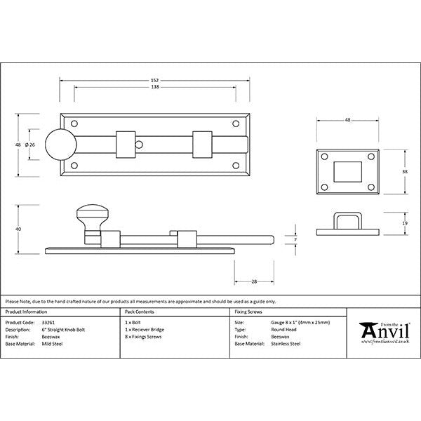 From The Anvil - 6" Straight Knob Bolt - Beeswax - 33261 - Choice Handles