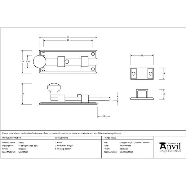 From The Anvil - 4" Straight Knob Bolt - Beeswax - 33262 - Choice Handles