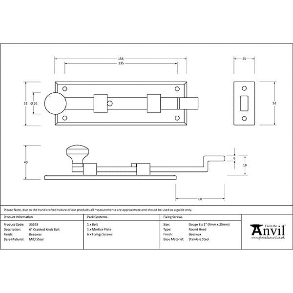 From The Anvil - 6" Cranked Knob Bolt - Beeswax - 33263 - Choice Handles