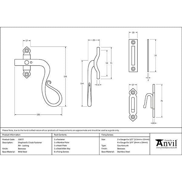 From The Anvil - Locking Shepherd's Crook Fastener - RH - Beeswax - 33477 - Choice Handles