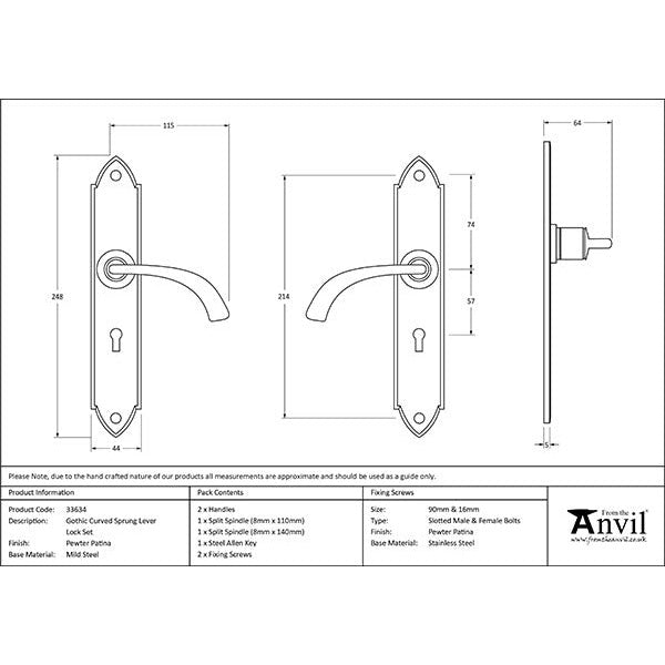 From The Anvil - Gothic Curved Sprung Lever Lock Set - Pewter Patina - 33634 - Choice Handles