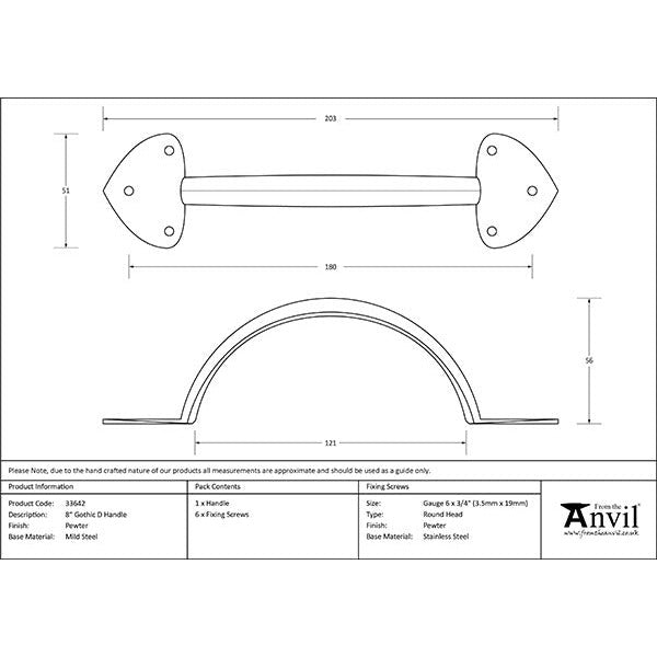 From The Anvil - 8" Gothic D Handle - Pewter Patina - 33642 - Choice Handles