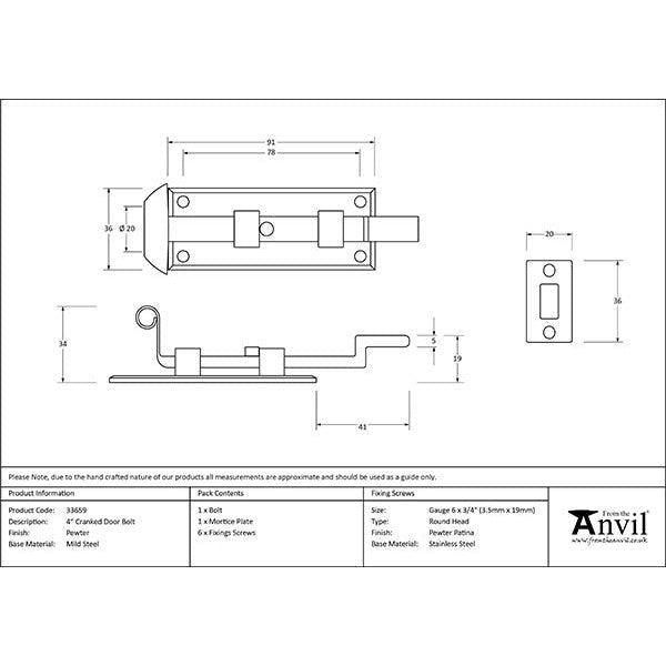 From The Anvil - 4" Cranked Door Bolt - Pewter Patina - 33659 - Choice Handles