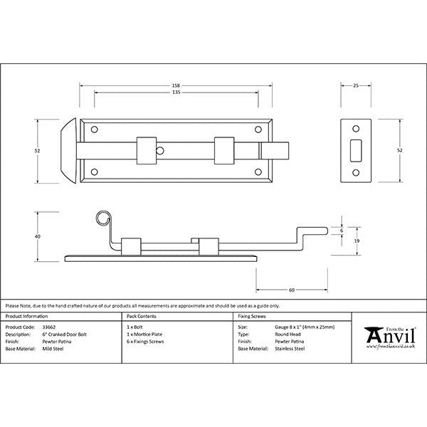 From The Anvil - 6" Cranked Door Bolt - Pewter Patina - 33662 - Choice Handles