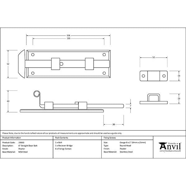 From The Anvil - 6" Straight Door Bolt - Pewter Patina - 33663 - Choice Handles