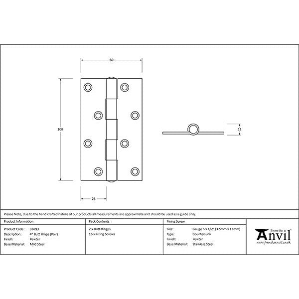 From The Anvil - 4" Butt Hinge (pair) - Pewter Patina - 33693 - Choice Handles