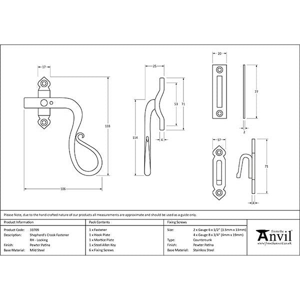 From The Anvil - Locking Shepherd's Crook Fastener - RH - Pewter Patina - 33709 - Choice Handles