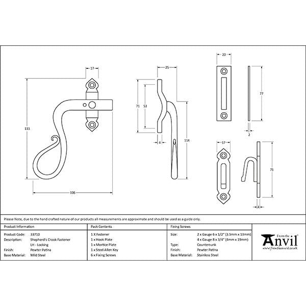 From The Anvil - Locking Shepherd's Crook Fastener - LH - Pewter Patina - 33710 - Choice Handles