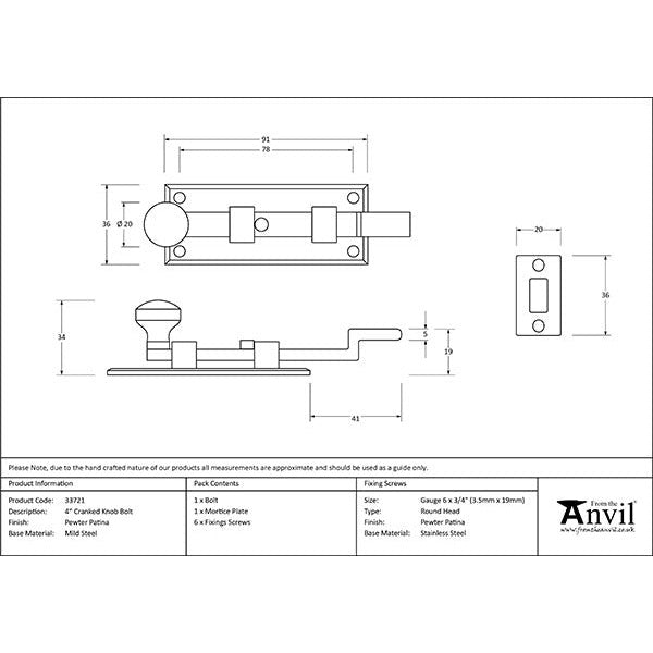 From The Anvil - 4" Cranked Knob Bolt - Pewter Patina - 33721 - Choice Handles