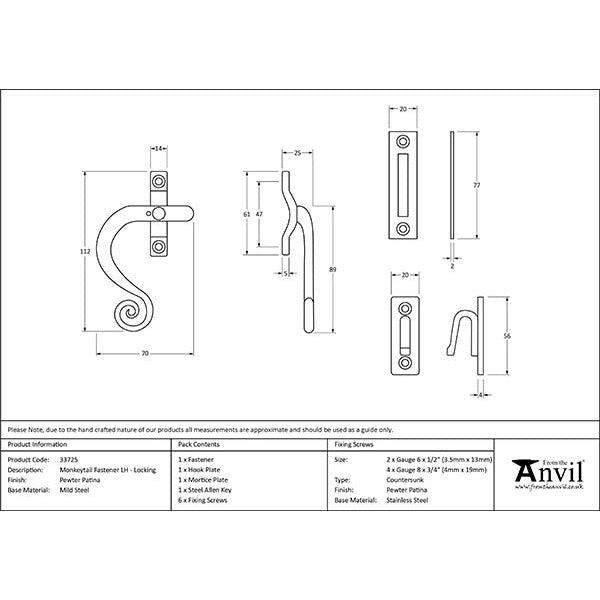 From The Anvil - Locking Monkeytail Fastener - LH - Pewter Patina - 33725 - Choice Handles