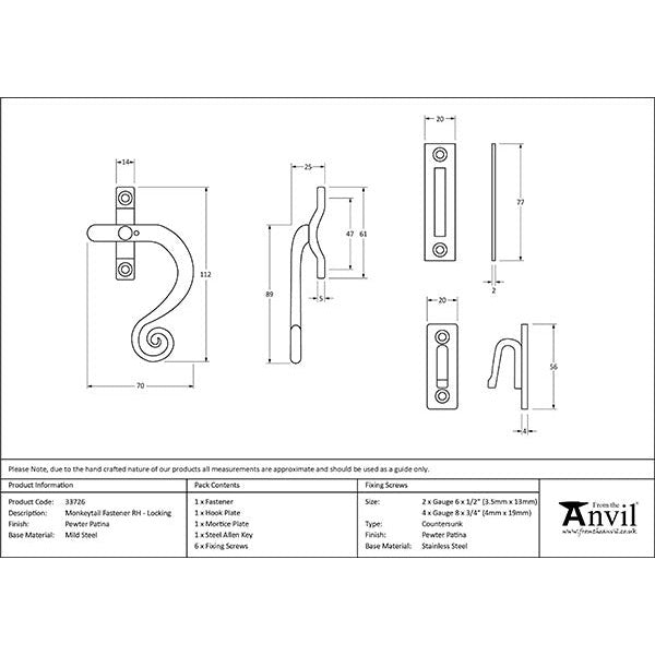 From The Anvil - Locking Monkeytail Fastener - RH - Pewter Patina - 33726 - Choice Handles