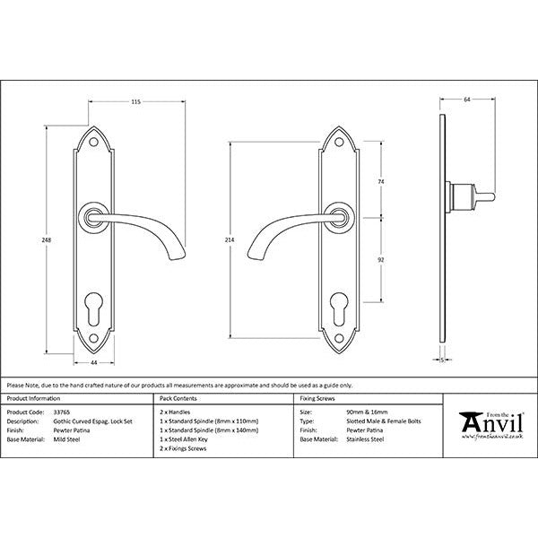 From The Anvil - Gothic Curved Lever Espag. Lock Set - Pewter Patina - 33765 - Choice Handles