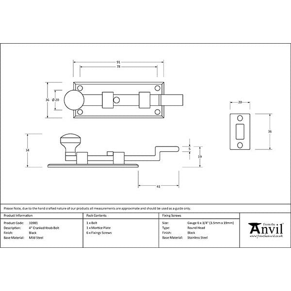 From The Anvil - 4" Cranked Knob Bolt - Black - 33981 - Choice Handles