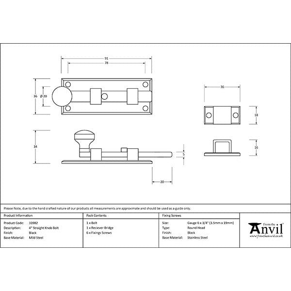 From The Anvil - 4" Straight Knob Bolt - Black - 33982 - Choice Handles