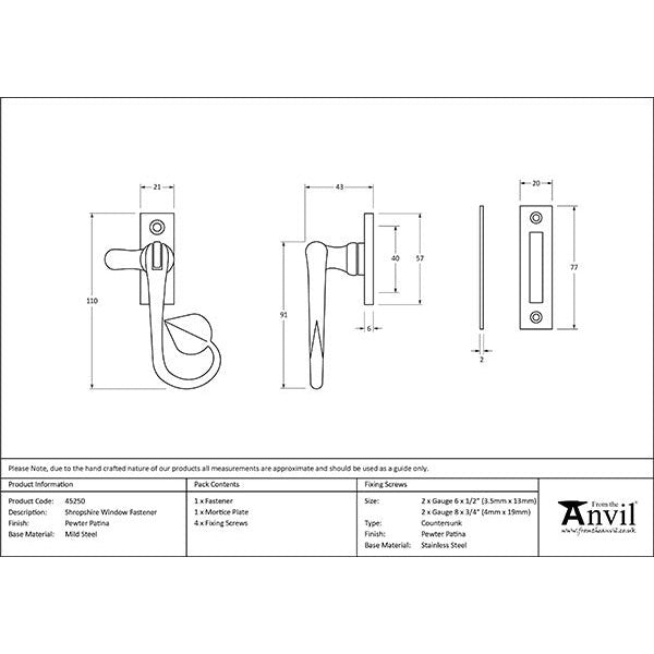 From The Anvil - Shropshire Window Fastener - Pewter Patina - 45250 - Choice Handles