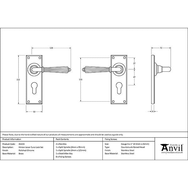 From The Anvil - Hinton Lever Euro Lock Set - Polished Chrome - 45319 - Choice Handles